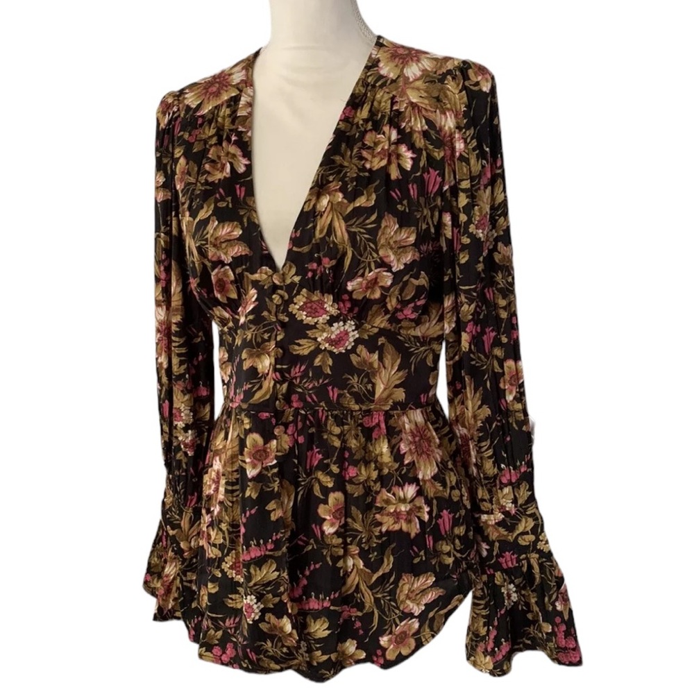 Anthropologie Deep V-Neck Floral Blouse Small